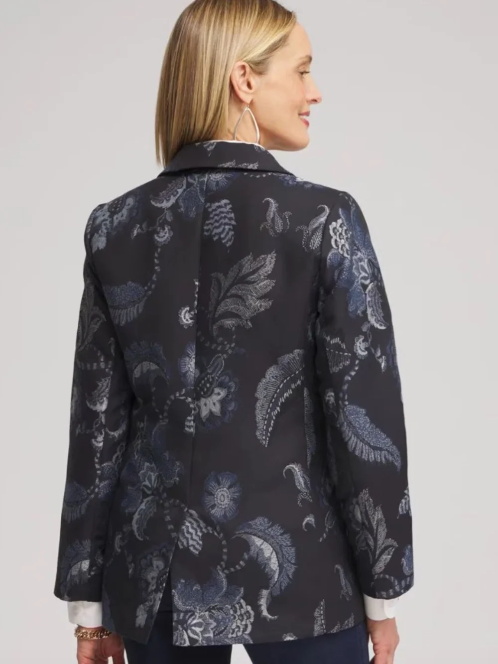 NWOT Chico's Navy Blue Floral Jacquard Blazer Women's Size M Office Career Wear
